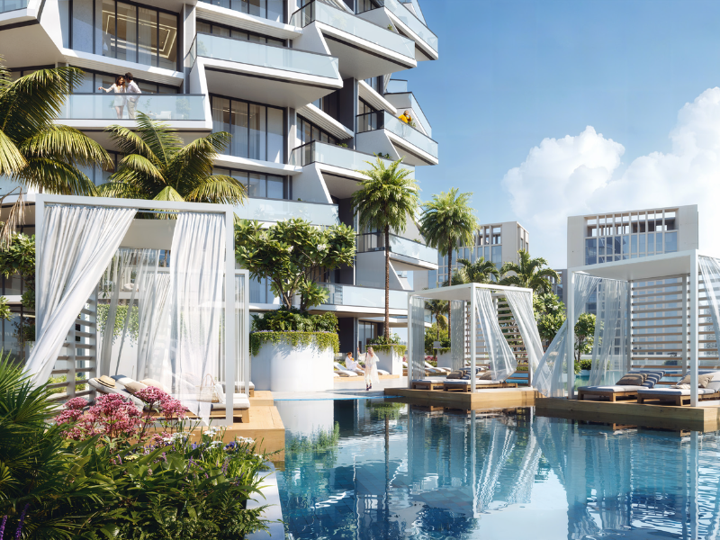 Swimming pool at Binghatti Grove in Jumeirah Village Circle, Dubai.