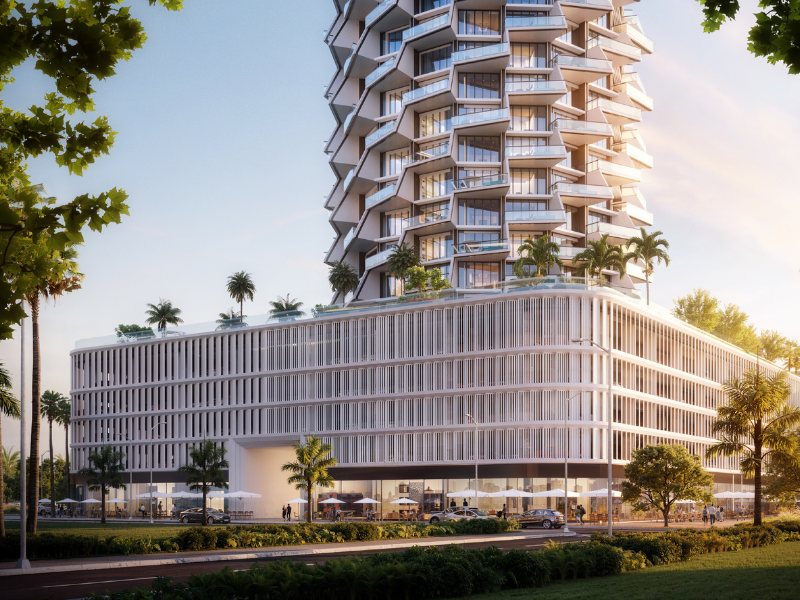 Binghatti Grove residential tower with geometric design and floor-to-ceiling windows in JVC, Dubai.