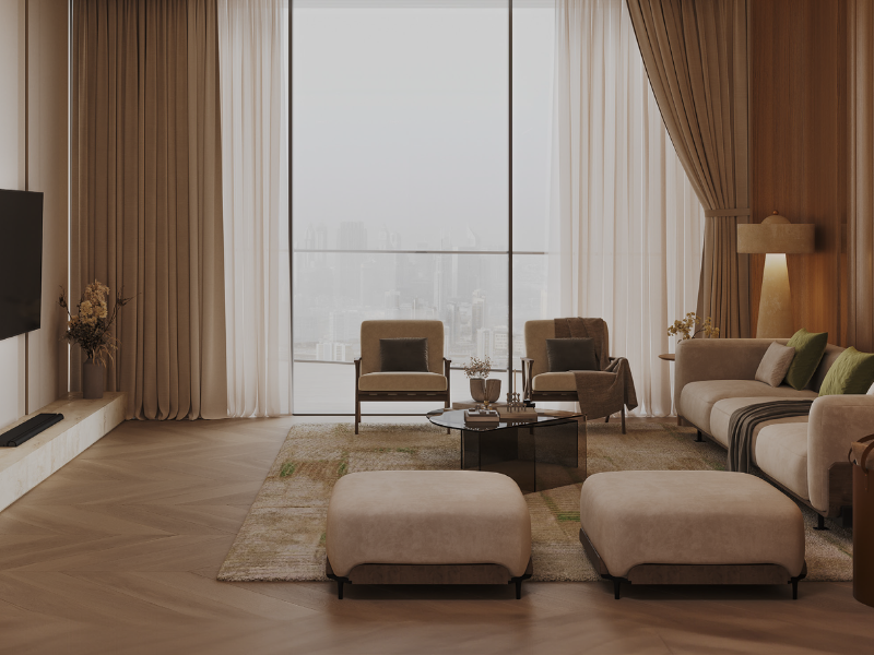Spacious living room in a luxury apartment at Binghatti Grove, JVC, Dubai.