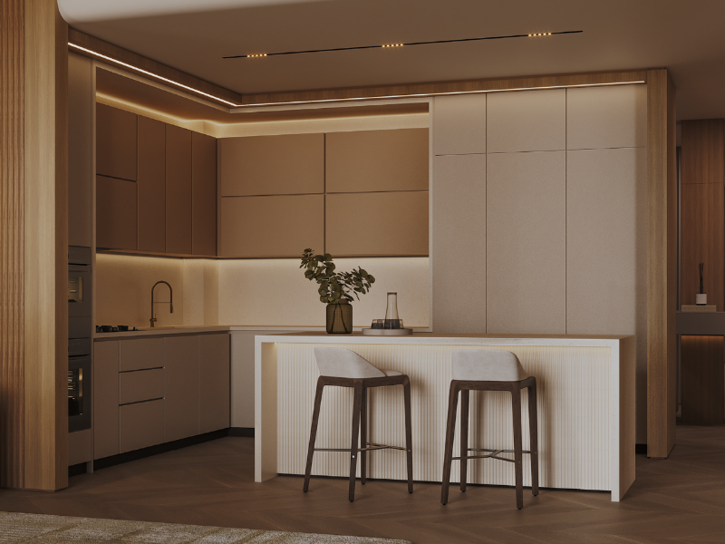 Modern Kitchen designed by Binghatti for JVC project, Grove.
