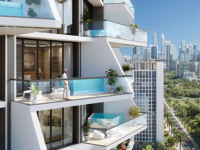 The balcony view from Binghatti Grove in Jumeirah Village Circle